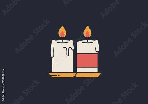 Minimalist vector icon of two burning candles with flickering flames, symbolizing light, peace, and quiet contemplation in the darkness