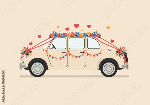 Vintage wedding car decorated with colorful flowers, ribbons, and hearts. A retro automobile for a romantic just married journey celebration