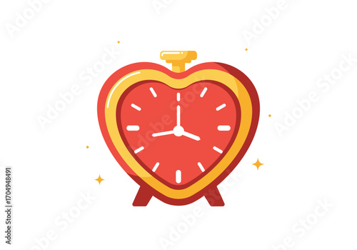 Heart-shaped alarm clock illustration with golden accents and sparkling effects, symbolizing love and time