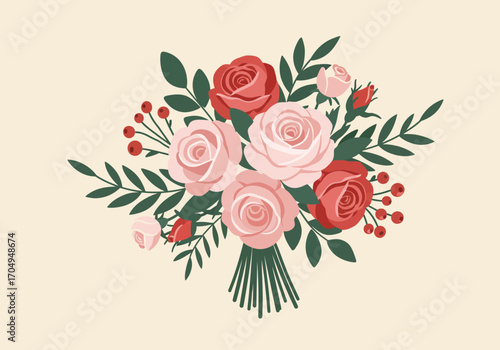 Elegant hand-drawn vector illustration of a romantic bouquet featuring beautiful red and pink roses, lush green leaves, and delicate berries
