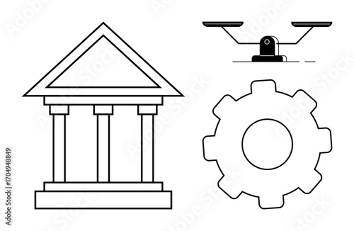 Pillared government building, balance scale, and gear representing law, justice, governance, decision-making, productivity, organization and infrastructure. Ideal for law ethics and workflow