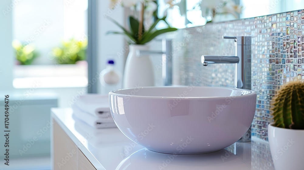 Fototapeta premium A playful purple toilet with a unique shape and a colorful mosaic tile backsplash.