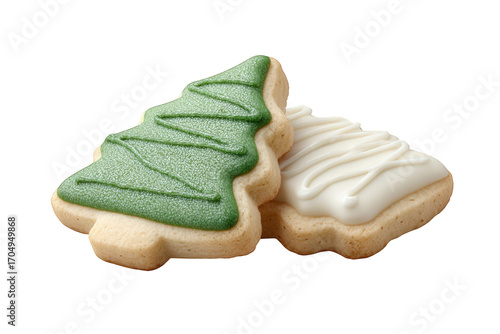 Two christmas tree sugar cookies decorated with green and white icing isolated on transparent background