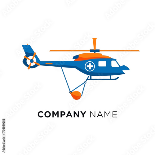 Blue and orange medical rescue helicopter with cross symbol and suspended cargo.