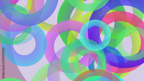 Abstract background of overlapping colorful translucent rings and circles in vibrant pastel hues