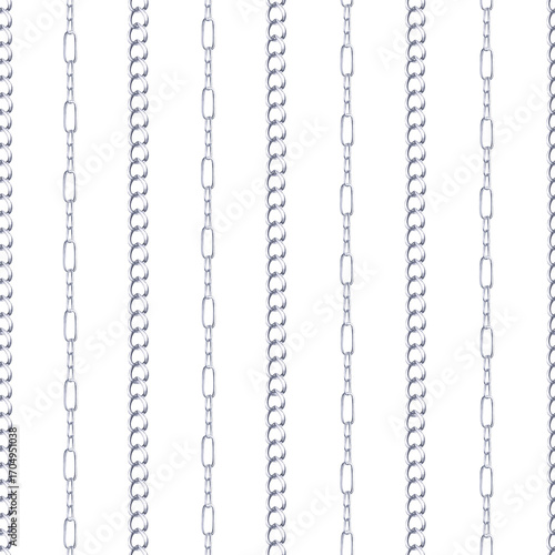 Seamless pattern with two types of silver chains. Watercolor illustration is hand-drawn for packaging design, interior design, printing on fabric.