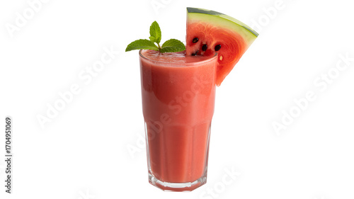 Refreshing watermelon smoothie garnished with fresh mint and fruit slice, perfect for summer.