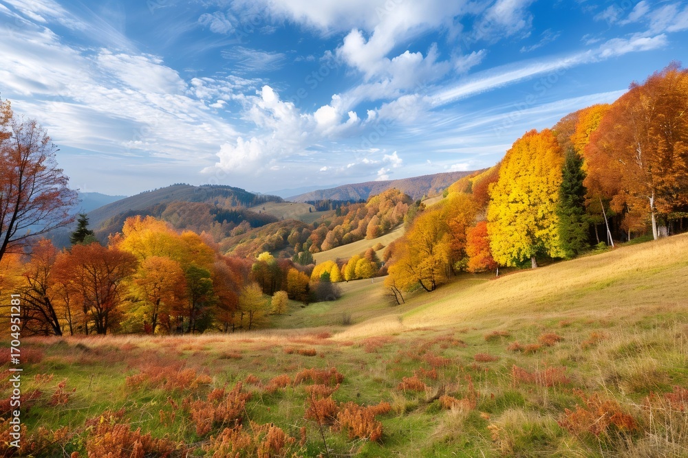 Naklejka premium Rolling hills and colorful trees dominating autumn landscape