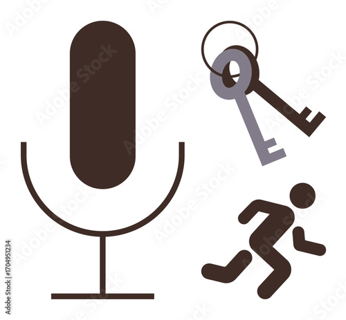 Large microphone, pair of keys, and running figure evoke communication, security, mobility, voice activation, freedom, access control and dynamic action. Ideal for tech lifestyle security
