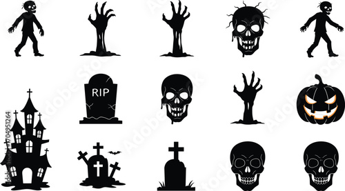 Spooky Halloween Silhouettes of Zombies, Skulls, Haunted House, Graveyard, Jack-o'-Lantern, and Zombie Hands Rising from the Ground