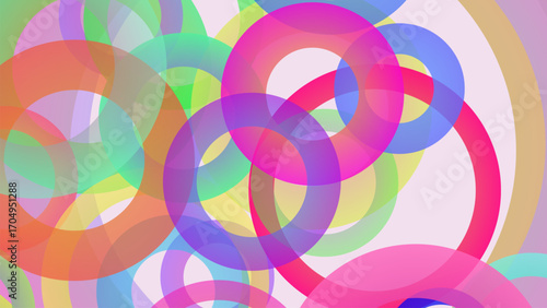 Abstract background with overlapping colorful translucent rings and circles in pastel shades
