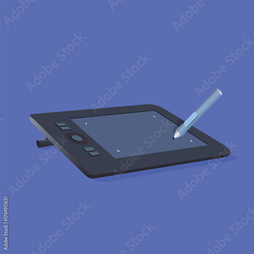Vector illustration of a digital graphics tablet with stylus pen touching the pad area and a Stand behind.