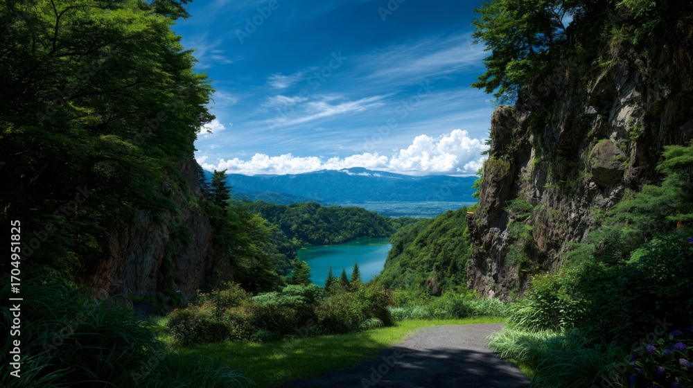 Fototapeta premium Breathtaking vista of a serene turquoise lake nestled between lush green mountains and rugged cliffs under a vibrant blue sky with wispy clouds, an idyllic natural paradise.