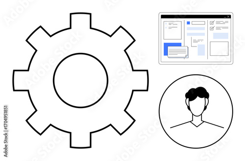 Gear for settings, browser window with user interface forms, and circular user avatar. Ideal for technology, profile management, personalization, user experience, software, system interface simple