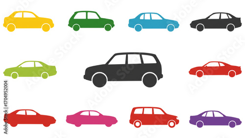 Solid Colorful Silhouette of Various Cars Icon, Minimalist Flat Automotive Logo Design