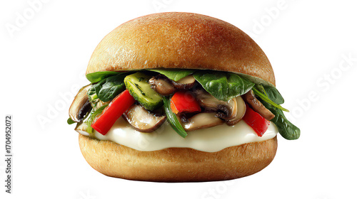 Vegetarian Mushroom and Pepper Sandwich on a Sesame Bun