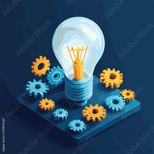 Engineering idea concept, innovation, invention and solution metaphor, light bulb with gears vector 3D isometric illustration, mechanical engine works. , vector style simple color