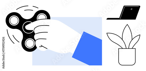 Hand holding and spinning a black fidget spinner alongside minimalist icons of a laptop and potted plant. Ideal for focus, stress relief, mindfulness, productivity, modern lifestyle, workspace
