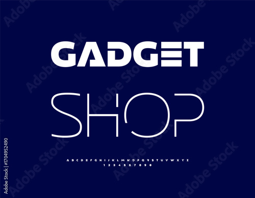 Vector Trendy emblem Gadget Shop. Digital Cool Font. Modern White Alphabet Letters and Numbers set.