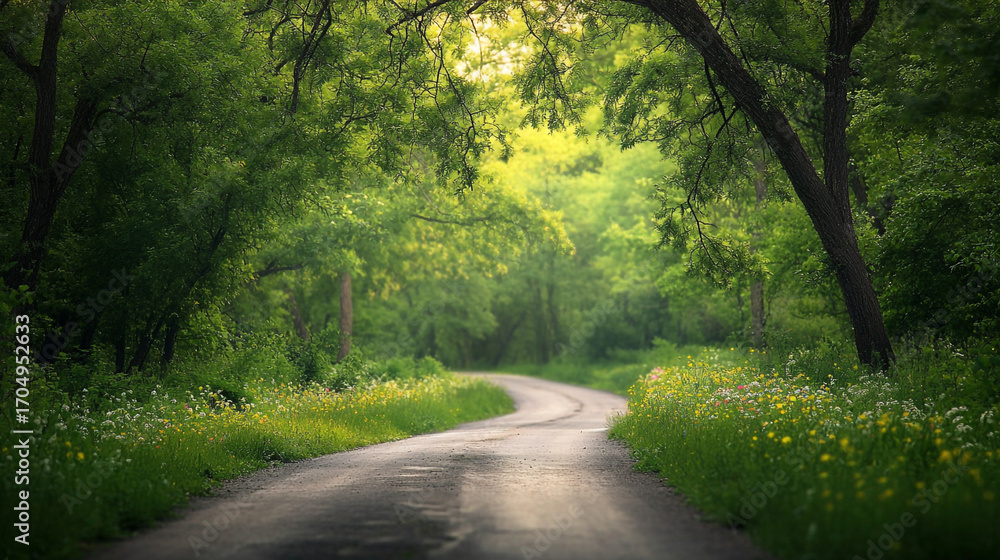 Naklejka premium Winding Road Through Green Forest