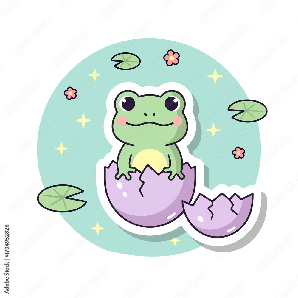 Obraz premium Charming sticker design of a happy little amphibian just born from an egg in a magical pond with lily pads and flowers