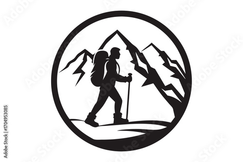 A silhouette of a mountain climber is illustrated within a circular badge shape