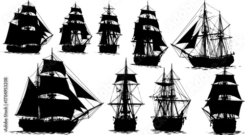 sailing ship silhouette, black and white silhouette, vector and illustration
