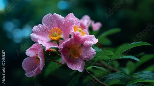 Wallpaper Mural Delicate Pink Wild Roses with Dew Drops After Rain, Soft Bokeh Background, Nature's Fresh Beauty Torontodigital.ca