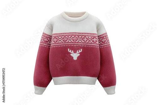 Cozy knitted sweater with deer motif isolated on transparent background
