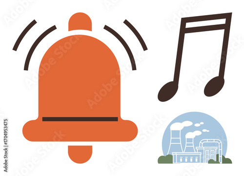 Vibrating orange bell, black musical note, and industrial facility with chimneys interacting visually. Ideal for communication, alerts, sound, industry, notifications safety technology. Minimal