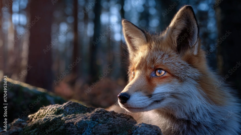 Fototapeta premium Golden Eyed Fox Peeks from Forest Shadows, Sunlit Fur Captures Enchanting Wildlife Moment in Nature