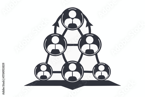 Abstract hierarchy shows connected black figures progressing upwards in a simple formation