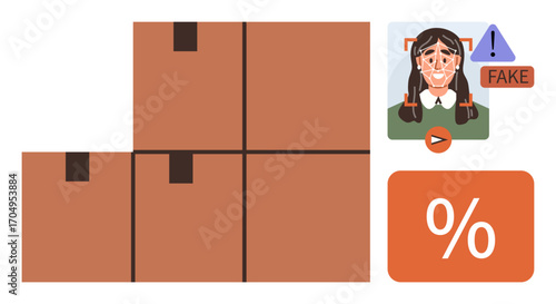 Stacked shipping boxes, alert for fake content detection with a photo, play button, warning icon, and percentage sign. Ideal for logistics, AI, fraud detection, tech security retail e-commerce