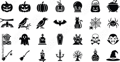 Solid black essential Halloween glyph icon set