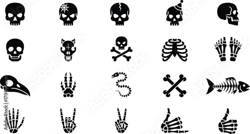 Solid black skull and bones glyph icon set