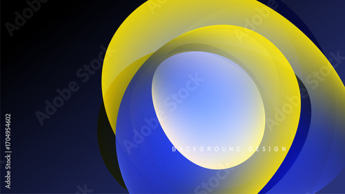 Abstract design features layered circles. Yellow, blue gradients contrast dark background. Modern, fluid shapes create dynamic visual effect.