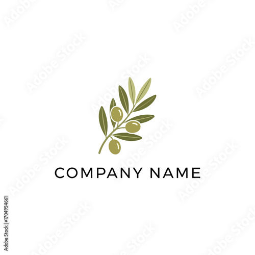 Elegant olive branch logo with green olives and leaves.