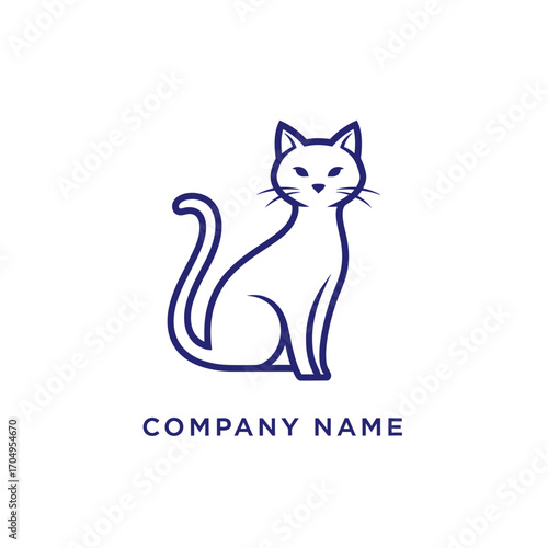 Elegant sitting cat line art logo design template.