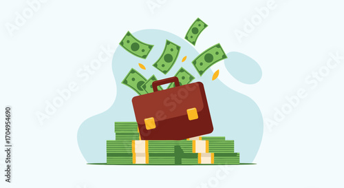 Brown briefcase overflowing with money, stacks of cash, and flying bills.