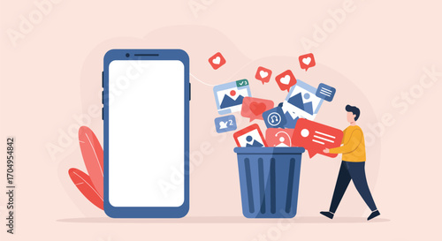 A man throws social media content like photos and notifications into a trash can, symbolizing a digital detox and breaking addiction.
