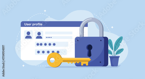 Illustration of a user profile interface with a padlock and key, symbolizing security.