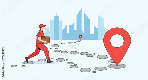 Delivery man carrying package on path with location markers in city background.