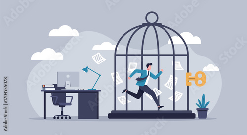 A businessman runs inside a large birdcage with a key outside, symbolizing the desire for freedom from a restrictive work environment or career.