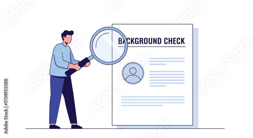 A person using a magnifying glass to examine a document labeled 'Background Check'.