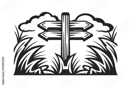 Black and white directional sign stands amidst the grass under cloudshaped formations above