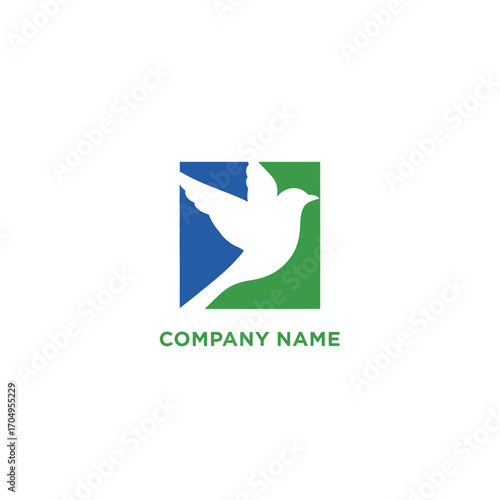 Elegant white bird logo design inside a square with green and blue colors.
