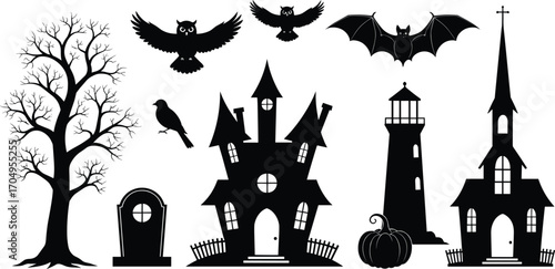 Spooky Halloween vector silhouettes with haunted house, graveyard, owl, bat, crow, pumpkin, bare tree, lighthouse, creepy church, gothic style