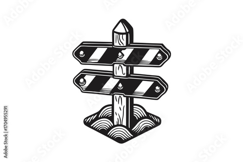 Black and white displays two blank striped pointer signs on a pole