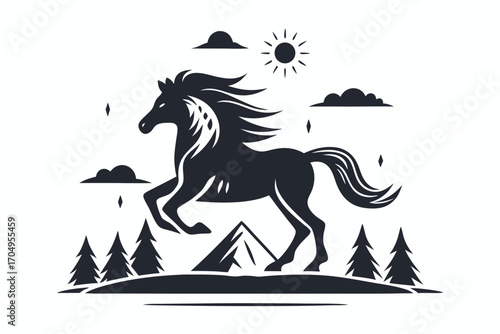 Black and White Horse Running over Field Hill, Silhouette, Decorative Art