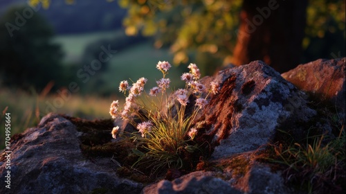 Golden Hour Glow on Wildflowers Nestled Among Ancient Rocks in a Serene Meadow Landscape
